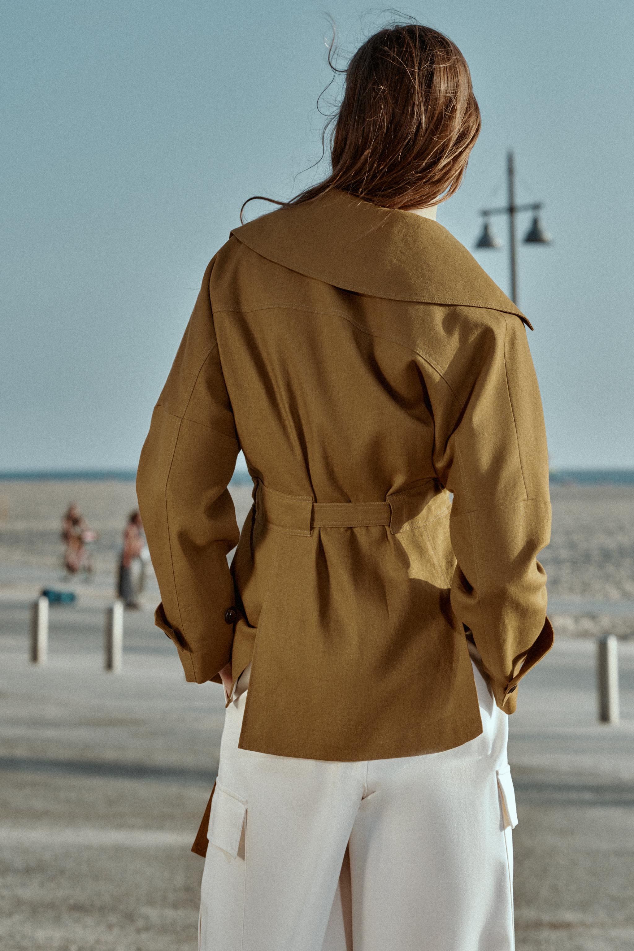 LINEN BLEND BELTED TRENCH JACKET